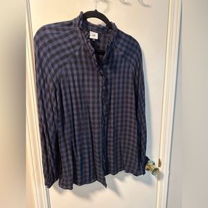 CAbi Aberdeen Plaid Top  Flannel Ruffle Long Sleeve Blue Black